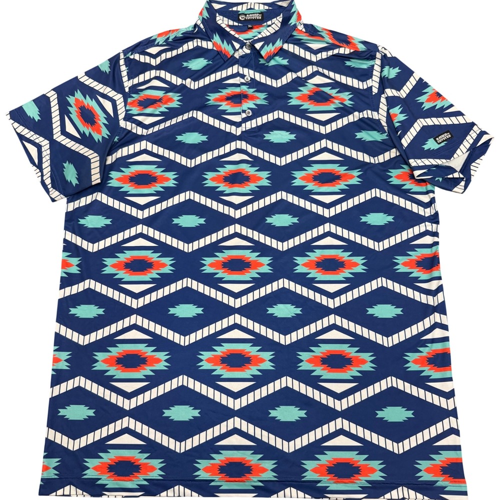 Raised By Coyotes Polo Shirt Mens‎ XL Blue Southwestern Geometric Performance